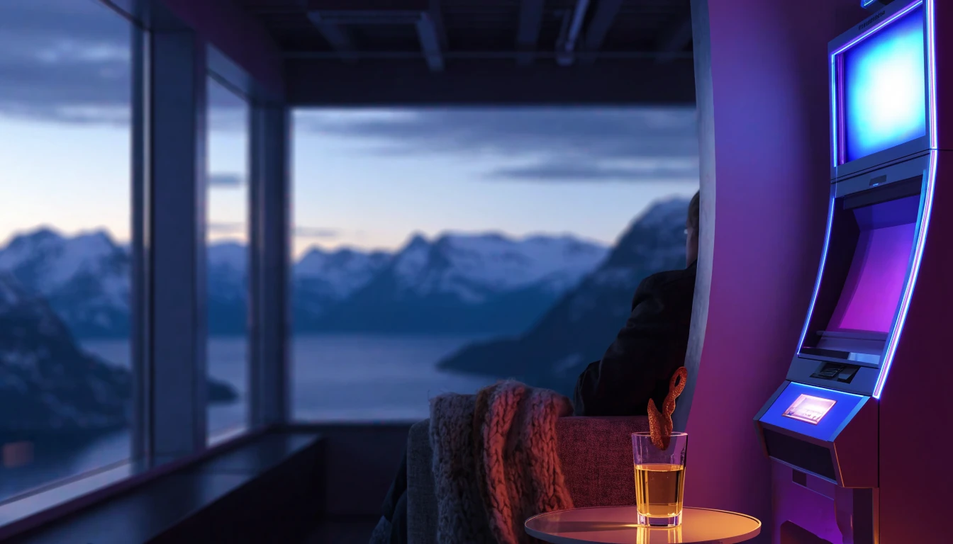 Moderne spilleautomat i en koselig norsk stue med fjordutsikt