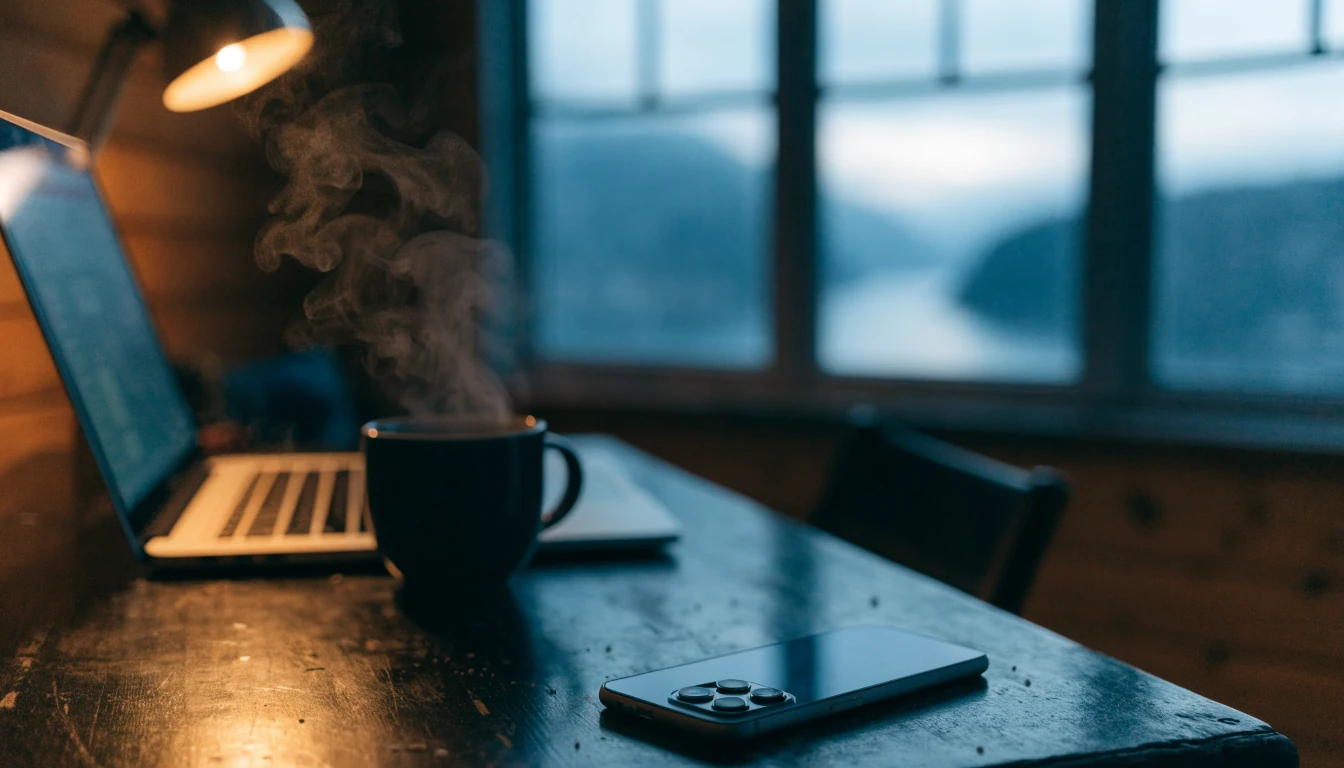 Mobil og laptop på bord i norsk hytte