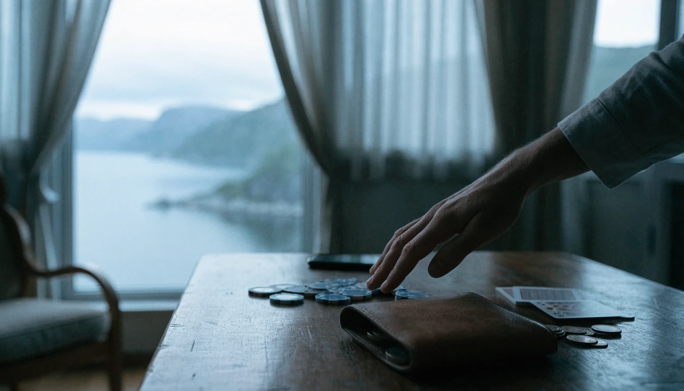 Et nordisk interiør med casinobrikker, kort og tom lommebok ved et vindu mot en fjord