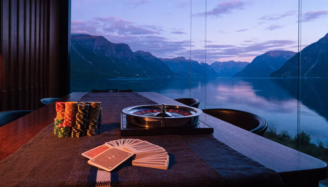 Elegant bord med casinobrikker, kort og roulettehjul med utsikt mot norsk fjord i skumring