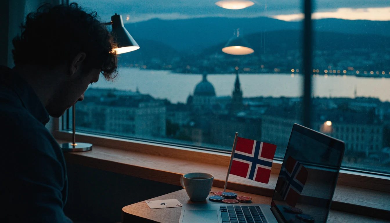 Norsk hjemmekos med laptop og casinotilbehør ved vinduet