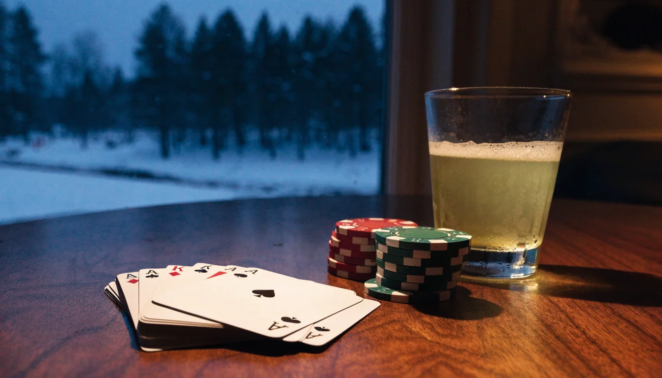 Blackjack-kort og jetonger på et trebord med norsk fjord-vindu i bakgrunnen