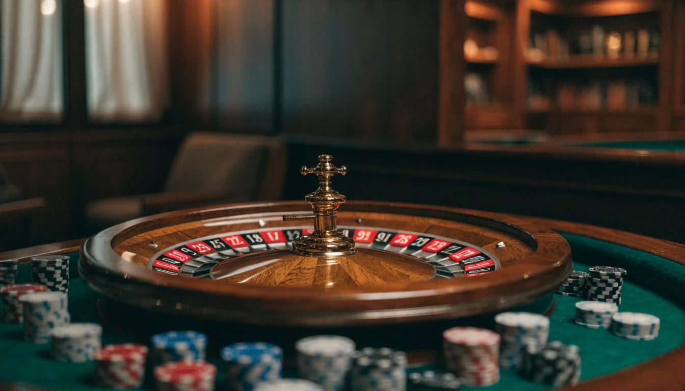 Roulettehjul og jetonger på et elegant norsk casino-bord