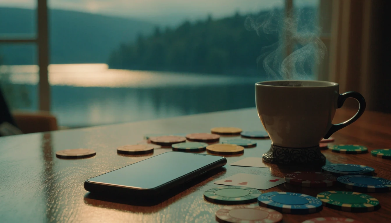 Mobiltelefon vendt ned på bordet med casinojetonger og kaffekopp i norsk stue