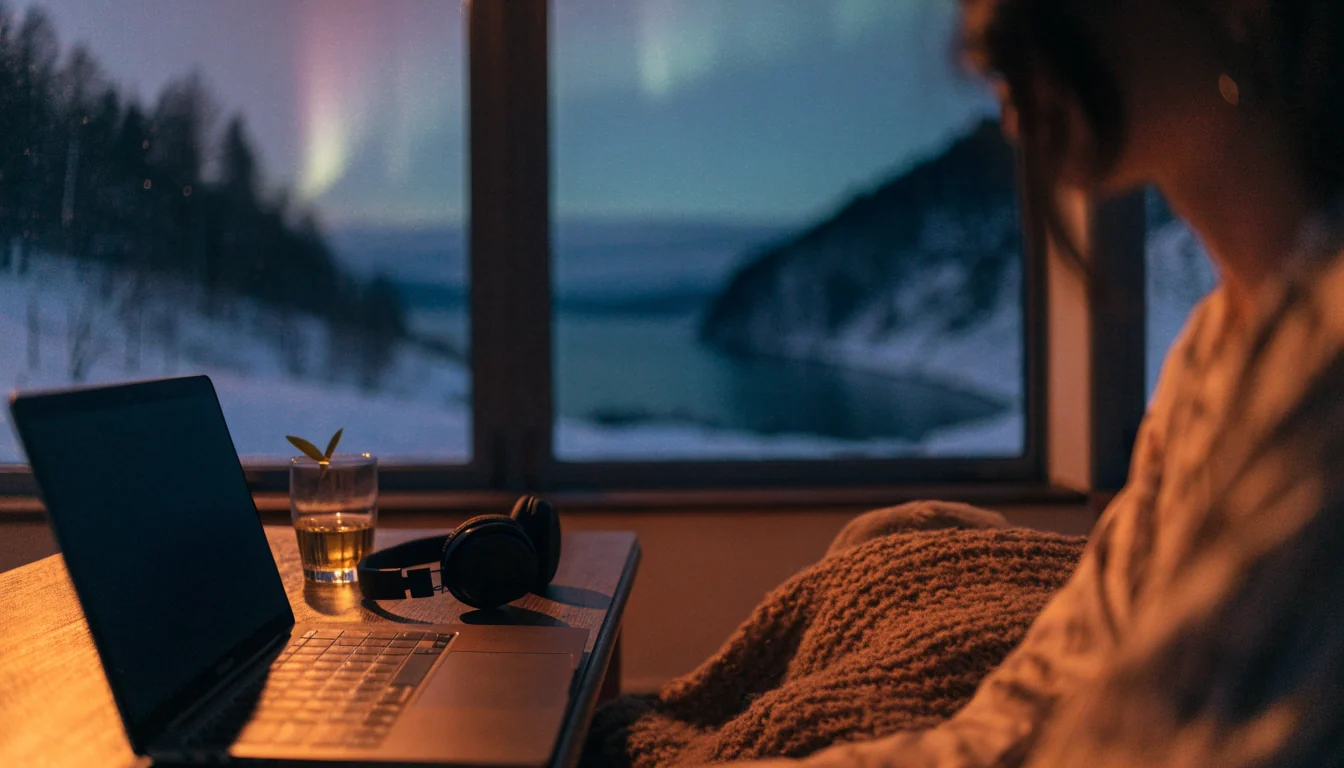 Koselig norsk stue med laptop, nordlys og vinterlandskap utenfor vinduet