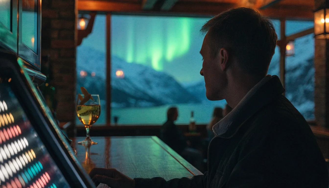 En moderne spilleautomat i en koselig norsk lounge med nordlys og fjord i bakgrunnen