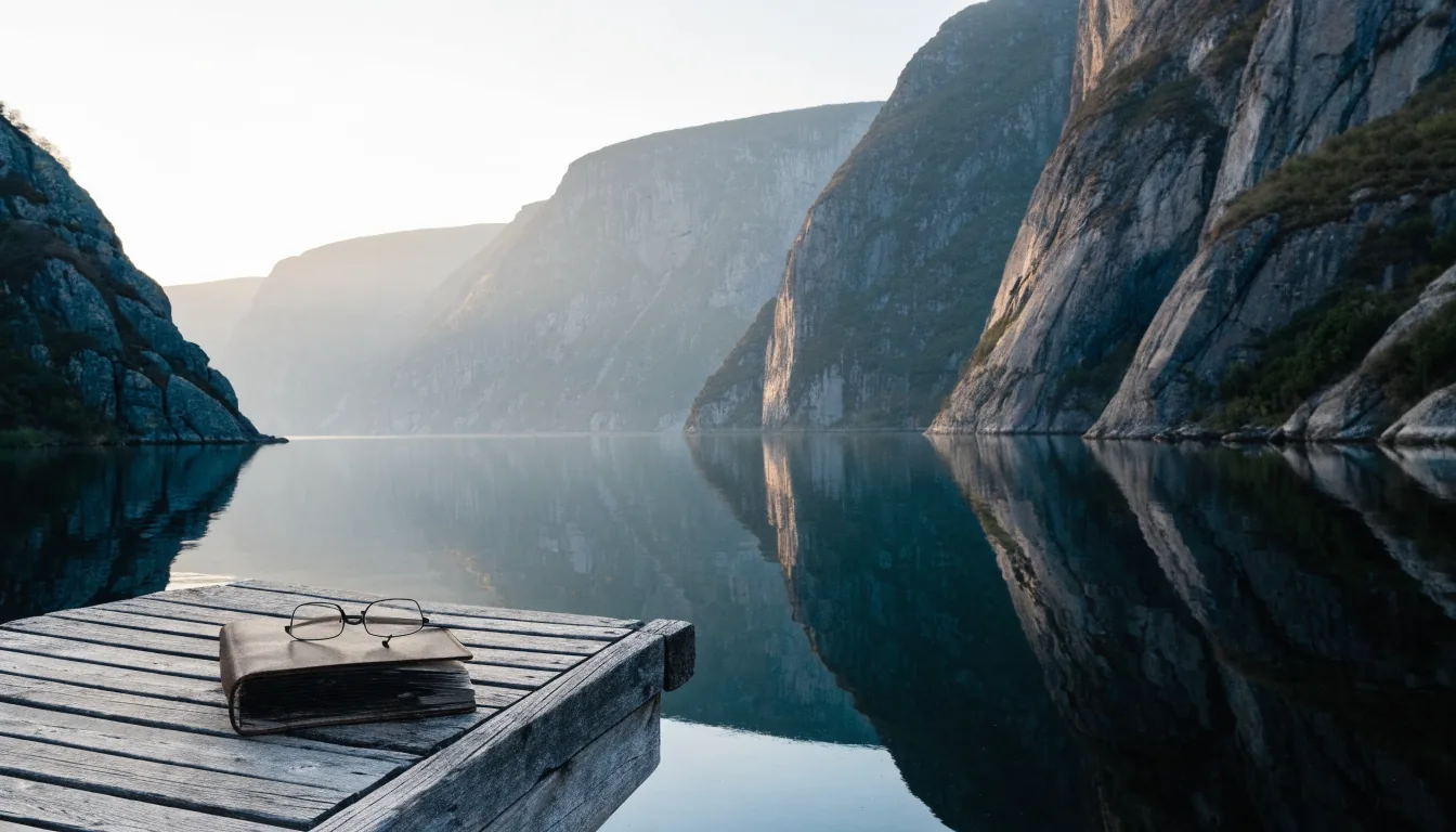 Rolig norsk fjord ved daggry med åpen notatbok og lesebriller på en trebrygge