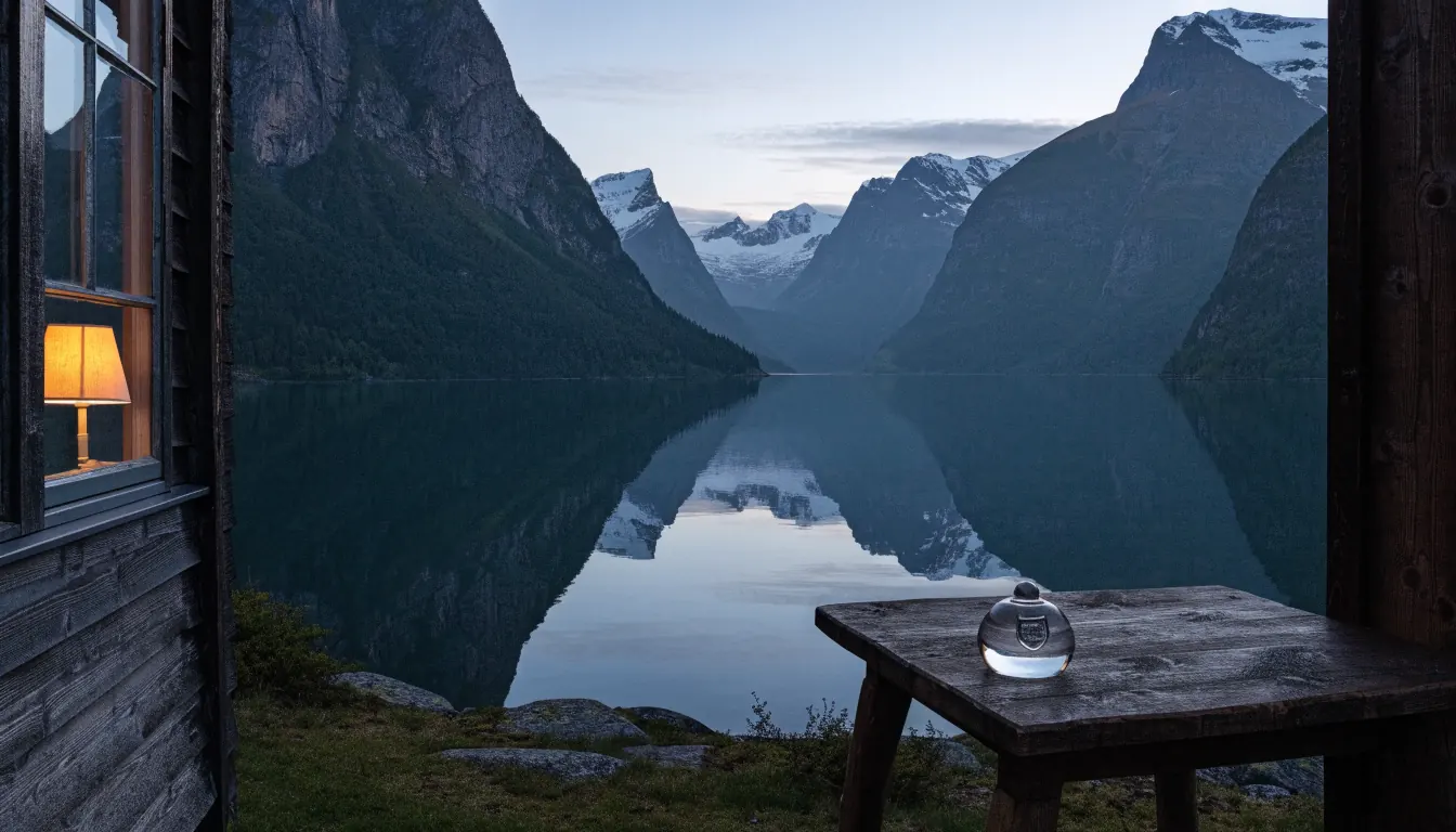 Rolig norsk fjord ved skumring med et skjoldformet papirvekt på et trebord